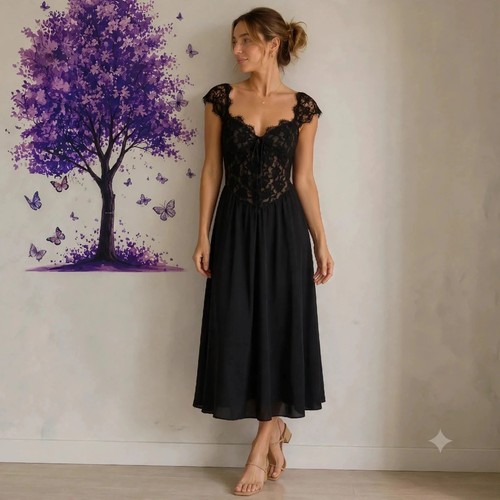 Black lace nightgown dress - black,